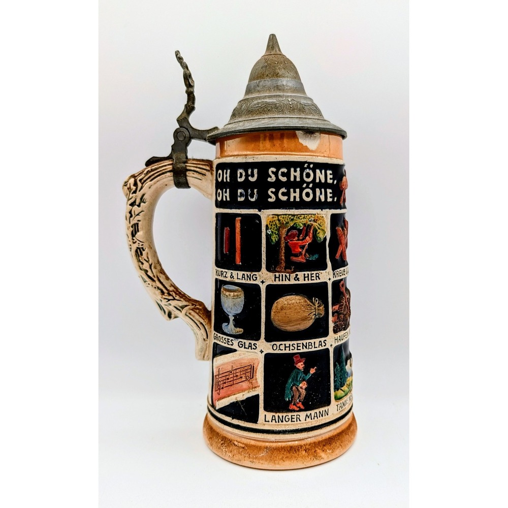 Vintage German Schnitzelbank Beer Stein Lidded Stoneware Mug Relief Folk Art
